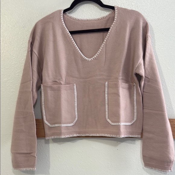 Women's V-Neck Sweater in Rose with decorative white stitching - Picture 1 of 4